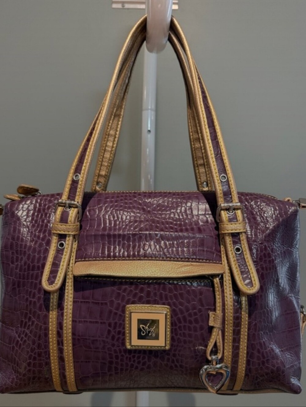 SHARIF Purple Faux-Croc Satchel with Gold Trim -